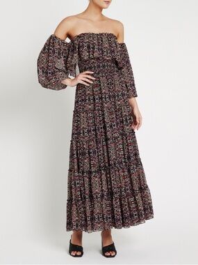 Misa Los Angeles Black Floral Off-Shoulder Maxi Dress with Pink Accents